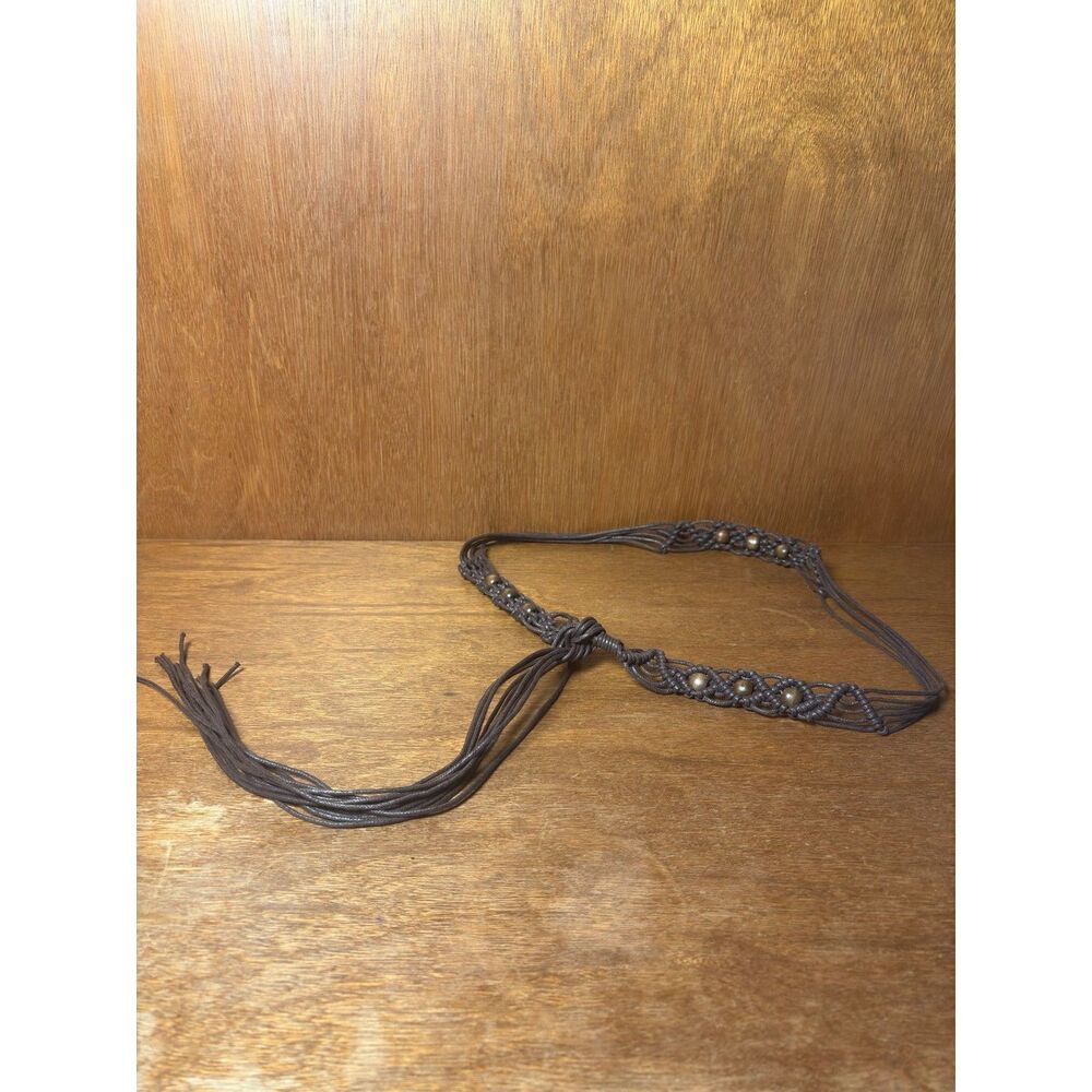 70s Vintage Handmade Macrame Fringe Belt with Wood Beads sz M / L